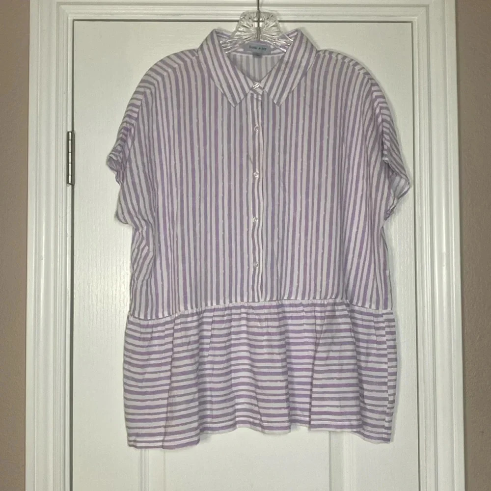 Floral & Ivy Women's Short Sleeved Peplum Purple/White Striped Blouse Size L NWT
